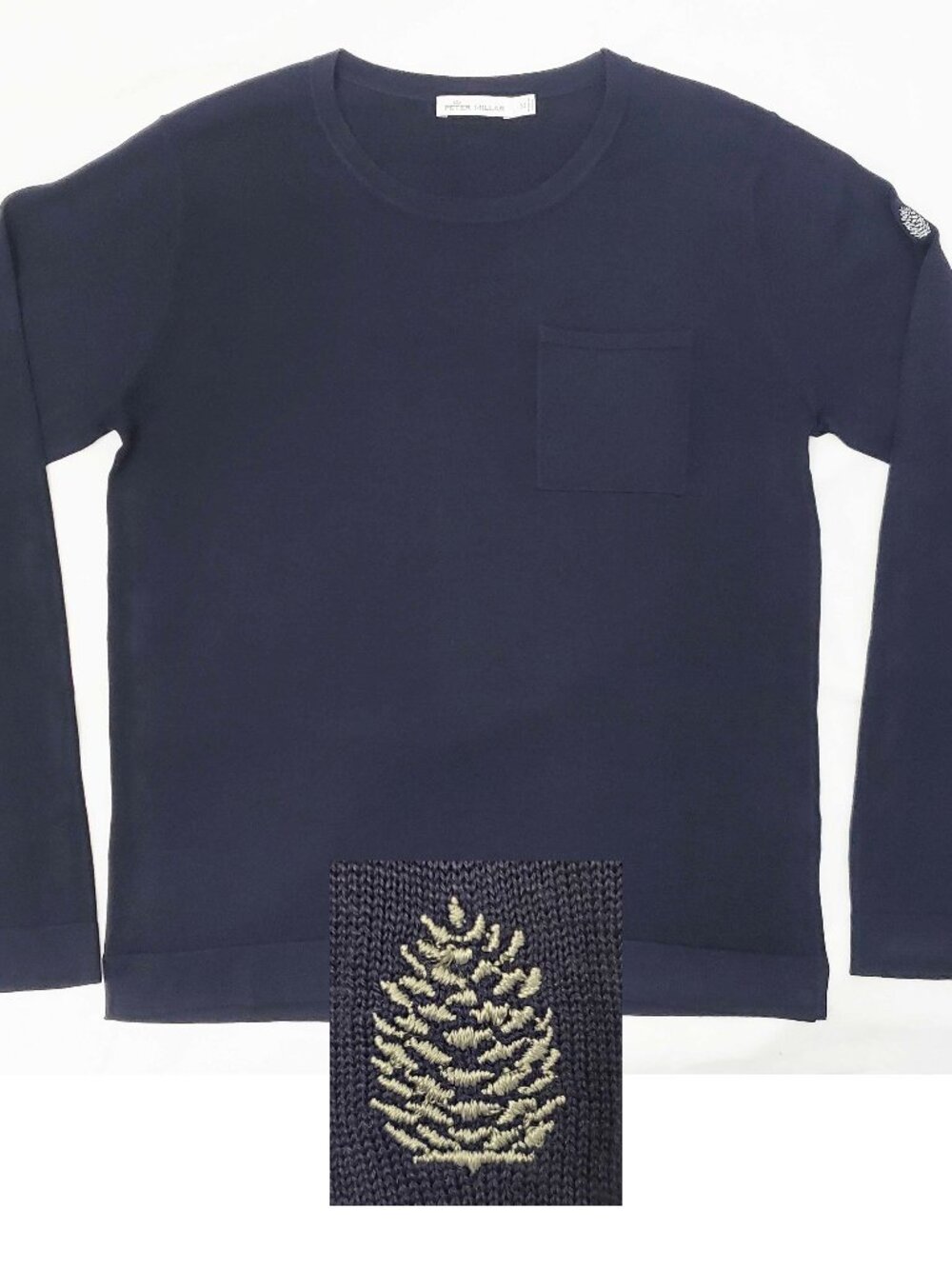 Peter Millar Mens Navy Soft Cotton Silk Pinecone Crewneck Sweater Chest Pocket M